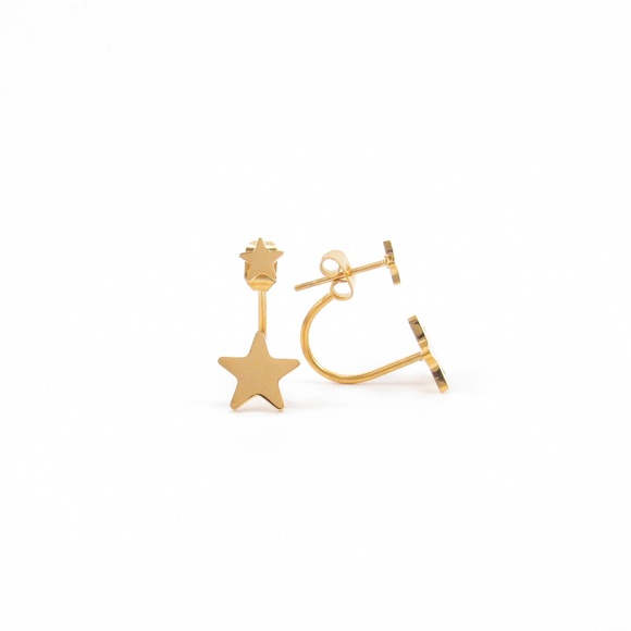 Gold Star Ear Jacket Earrings Small Cute Double - Picture 2 of 6
